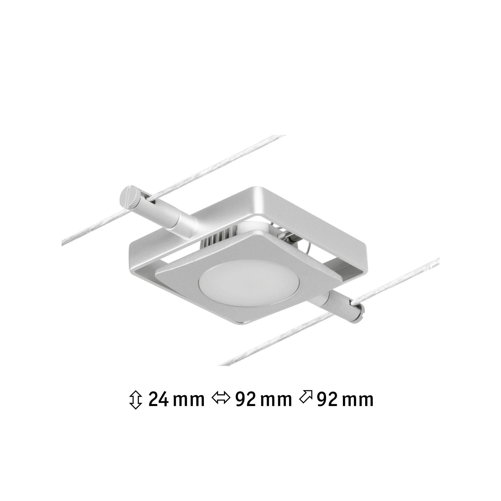 Un projecteur de plafond LED carré argenté est fixé à deux câbles parallèles. Dimensions : hauteur 24 mm, largeur 92 mm, longueur 92 mm.