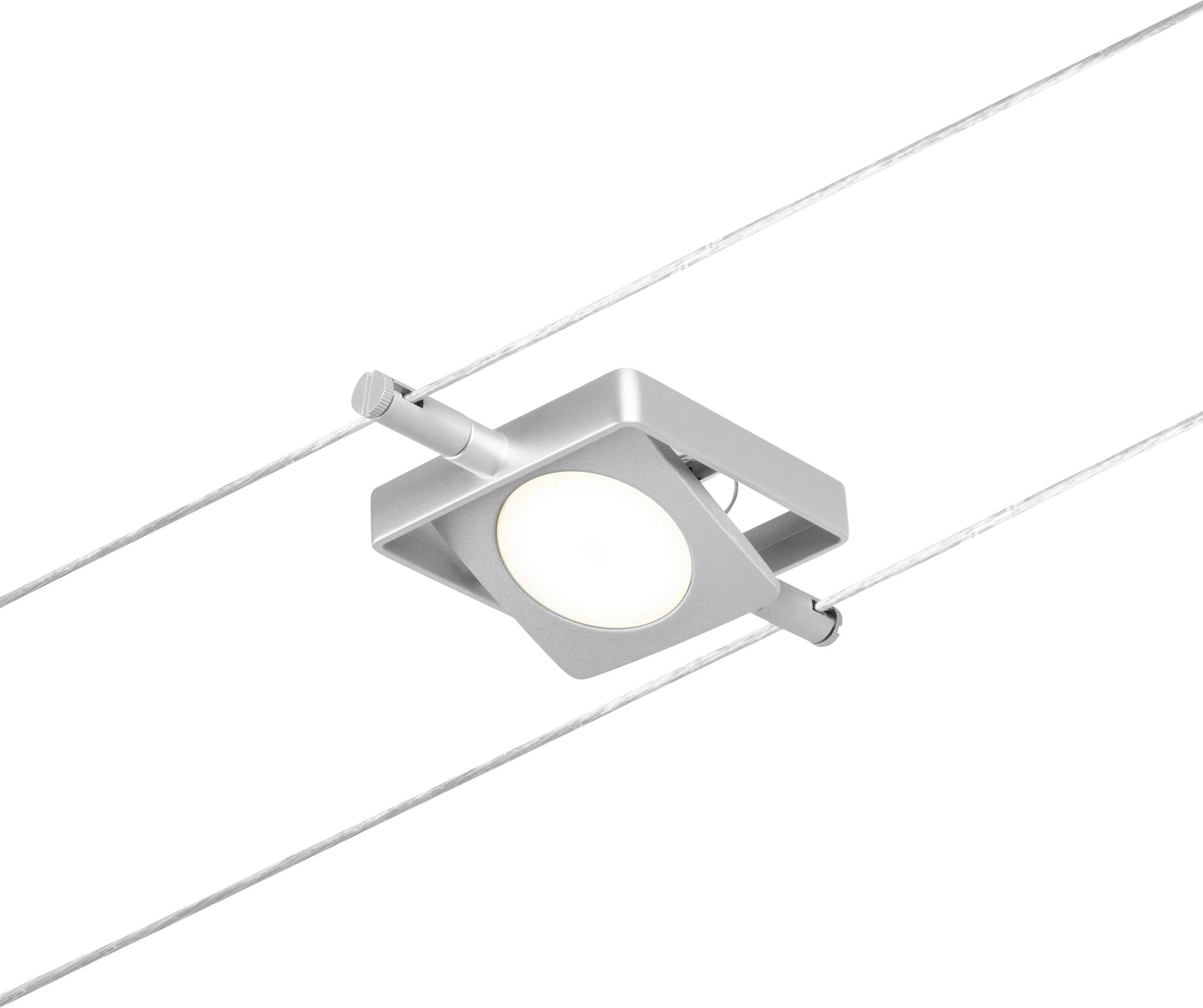 Un luminaire de plafond moderne, carré, en métal, suspendu par deux câbles, avec un élément lumineux circulaire au centre.