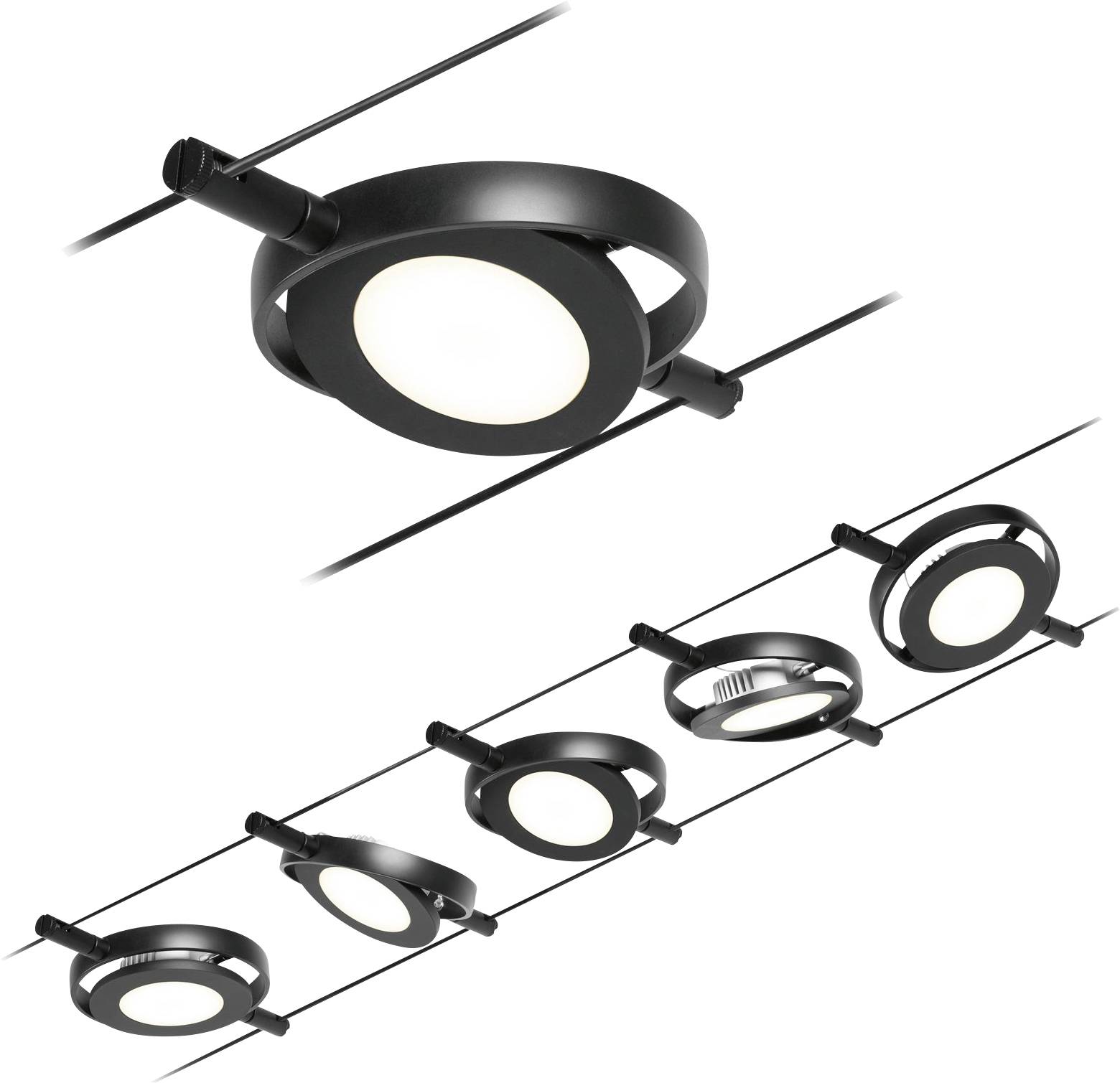 Des luminaires noirs, ronds, montés au plafond avec des lampes LED blanches modernes.