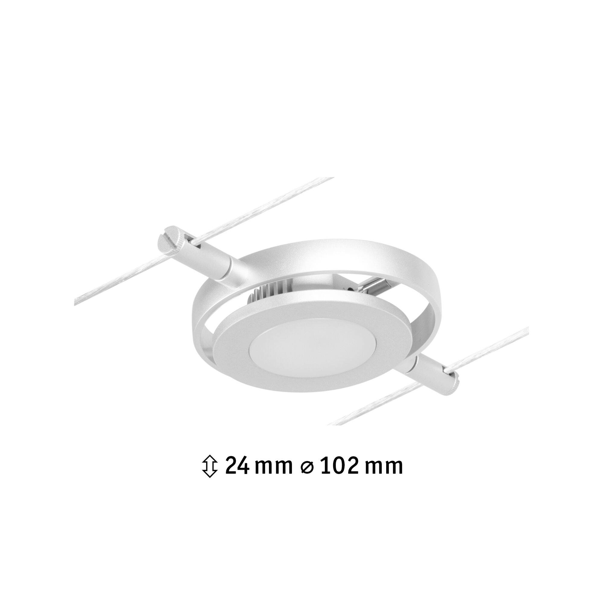 Un luminaire de système de câble LED de forme ronde moderne, monté entre deux câbles. Dimensions : hauteur 24 mm, diamètre 102 mm.