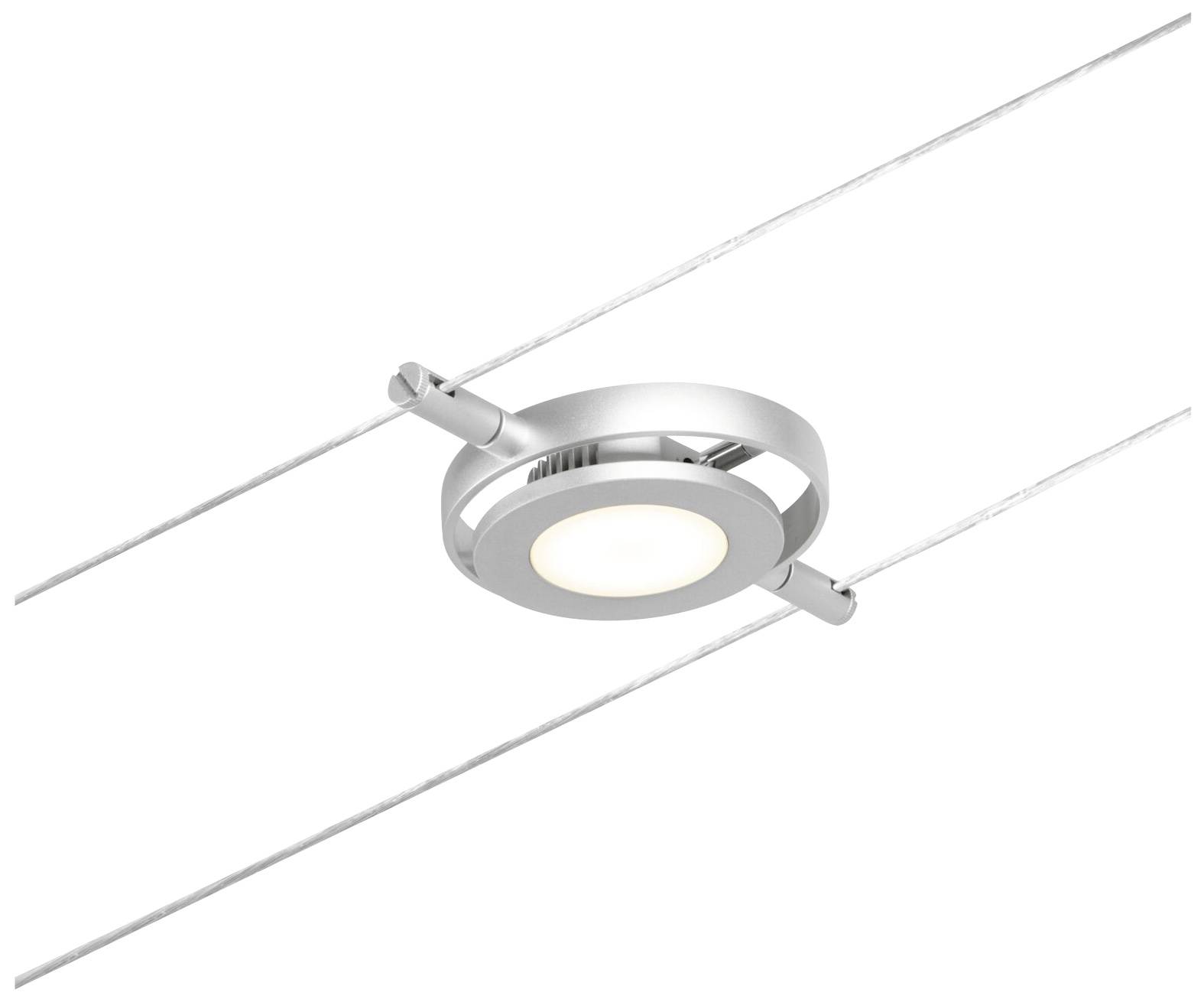 Suspension lumineuse individuelle fixée par deux câbles métalliques, au design rond et moderne en argent. Elle diffuse une lumière douce et diffuse.