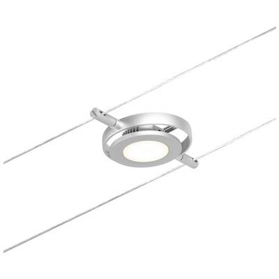 Suspension lumineuse individuelle fixée par deux câbles métalliques, au design rond et moderne en argent. Elle diffuse une lumière douce et diffuse.