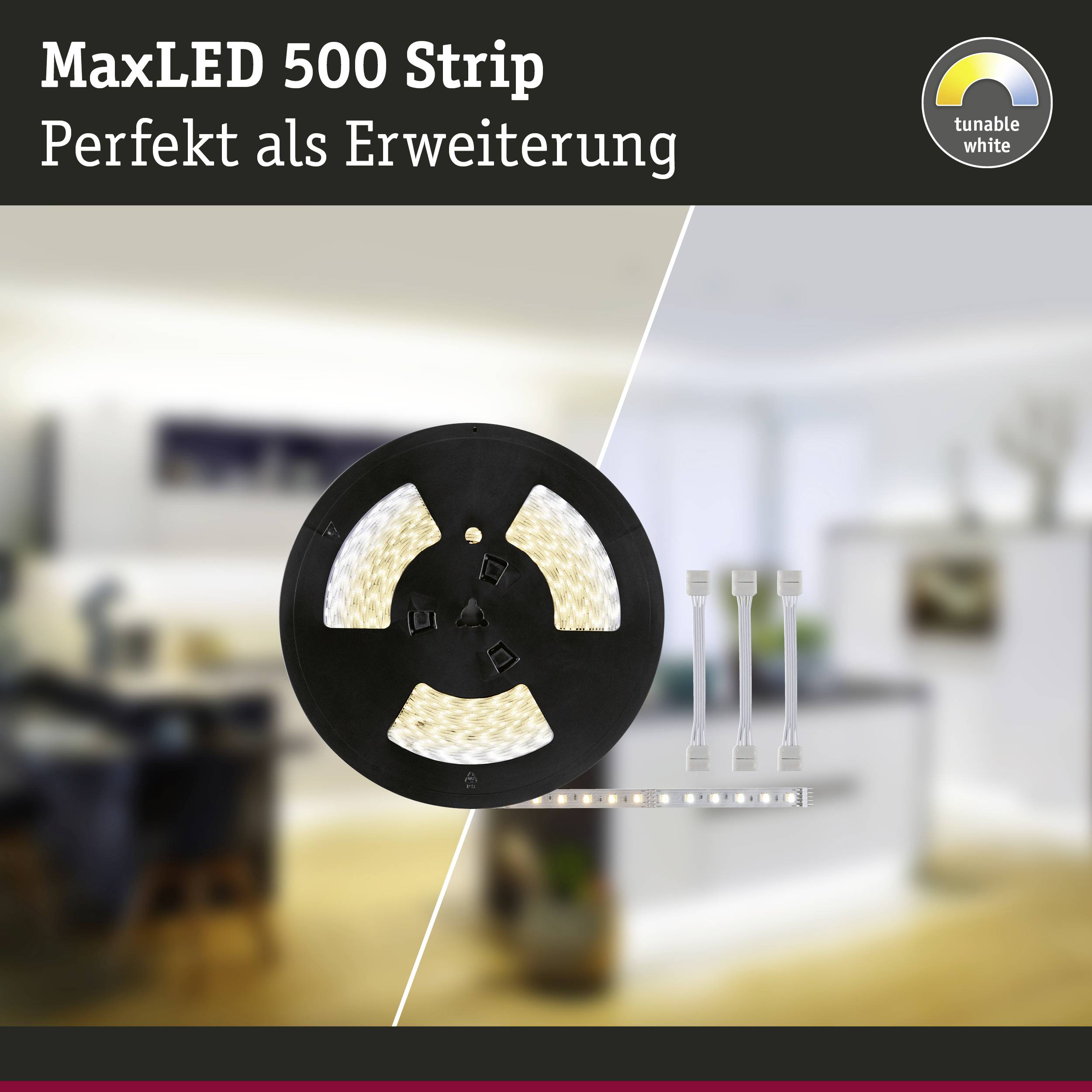 Extension 'MaxLED 500 Strip', montre un rouleau de bandes lumineuses LED et leurs connexions. Intérieur en arrière-plan, idéal pour l'éclairage.