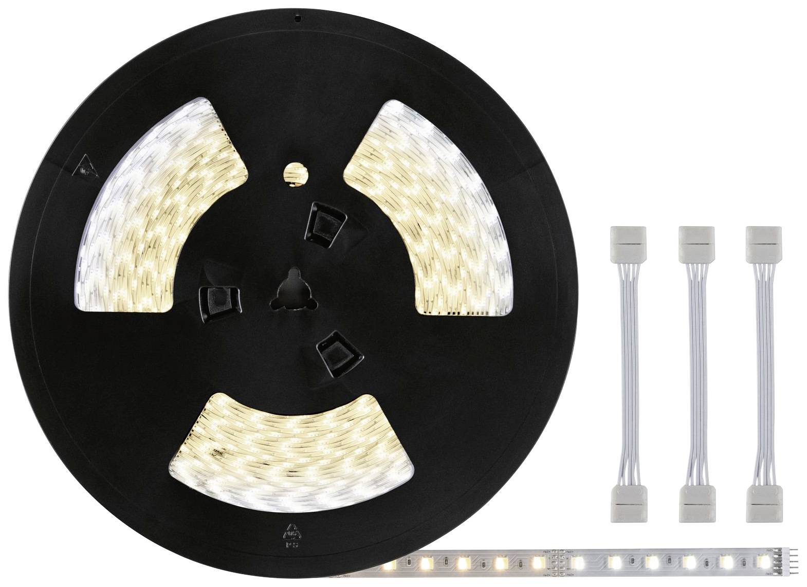Bobine noire avec des bandes lumineuses LED en blanc et blanc chaud. Trois courts câbles de connexion blancs placés dessus.