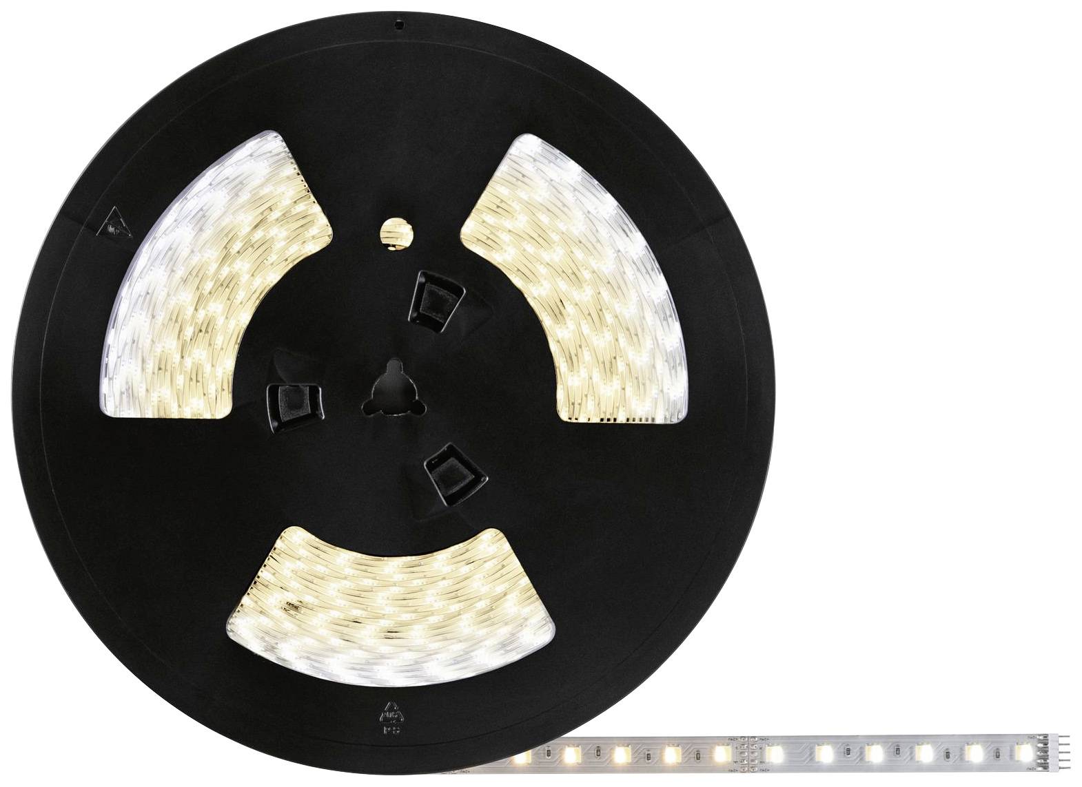 Un rouleau noir avec une bande lumineuse LED qui brille en blanc chaud. En dessous, une section de la bande avec plusieurs LED est visible.