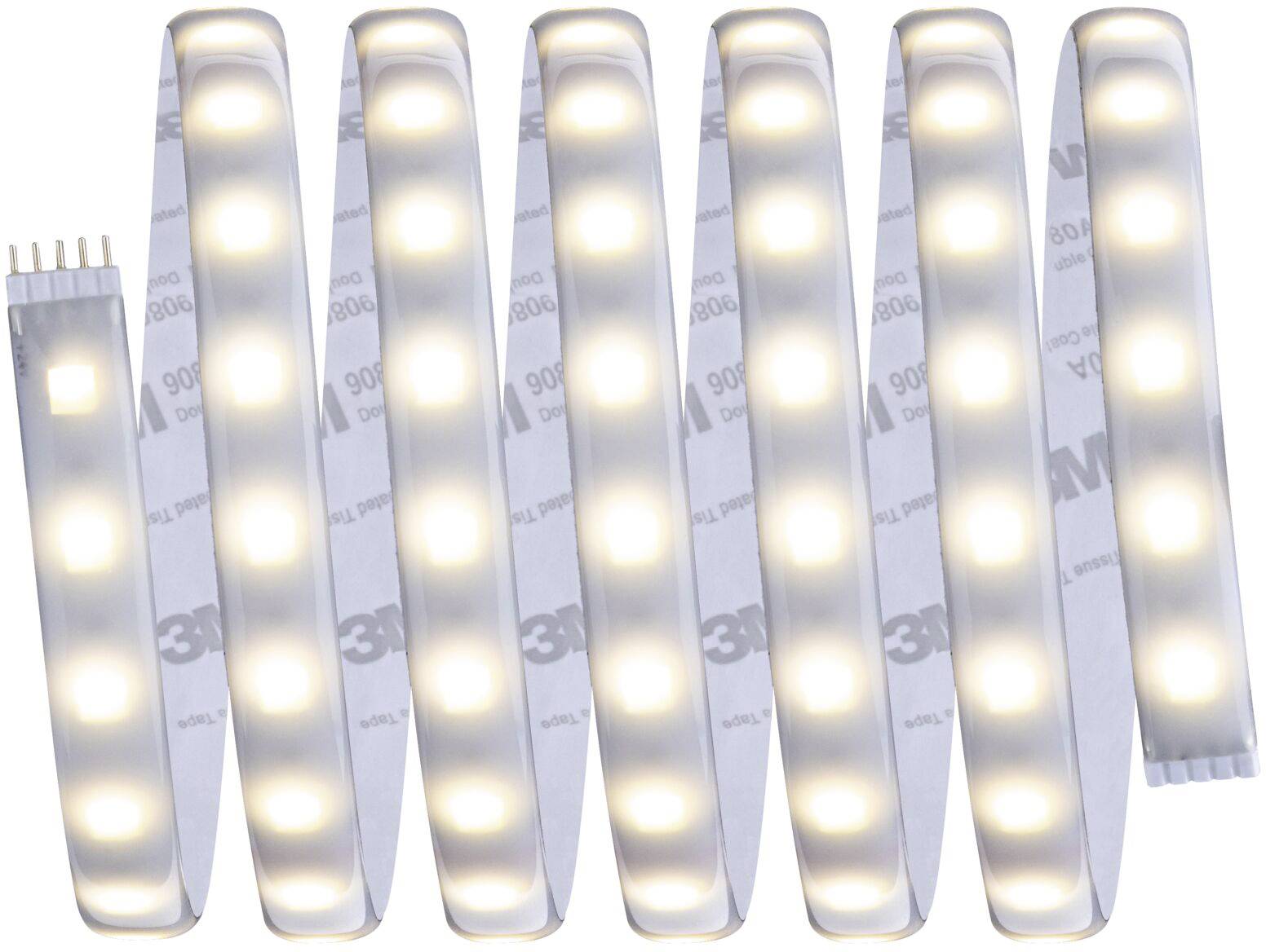 Bande lumineuse LED flexible, émettant une lumière blanche chaude, avec surface adhésive au dos pour une installation sur différentes surfaces.