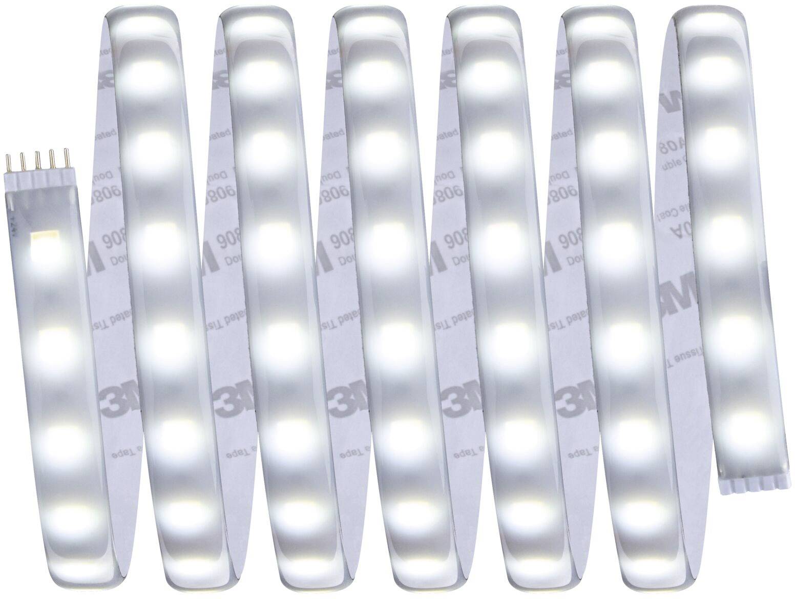 Bandes lumineuses à LED blanches, disposées uniformément, s'illuminant selon un motif en zigzag sur un support adhésif transparent.