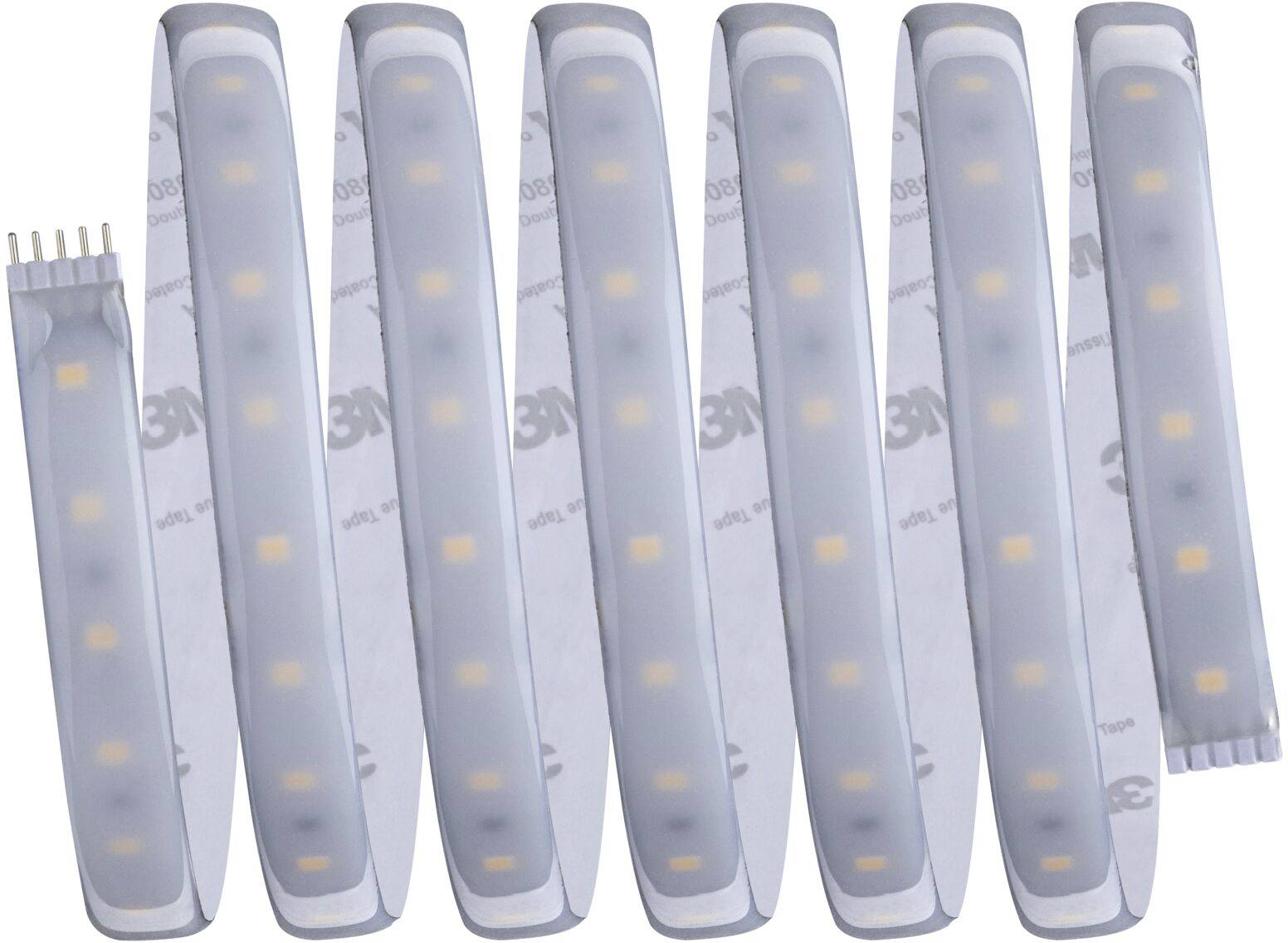 Des bandes de lumière LED disposées en ligne, montrant des sources lumineuses réparties uniformément, adaptées à l'éclairage décoratif.