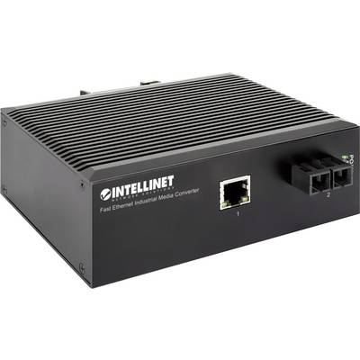 Un convertisseur média industriel Fast Ethernet noir d'Intellinet avec des ports Ethernet et fibre optique sur la face avant.