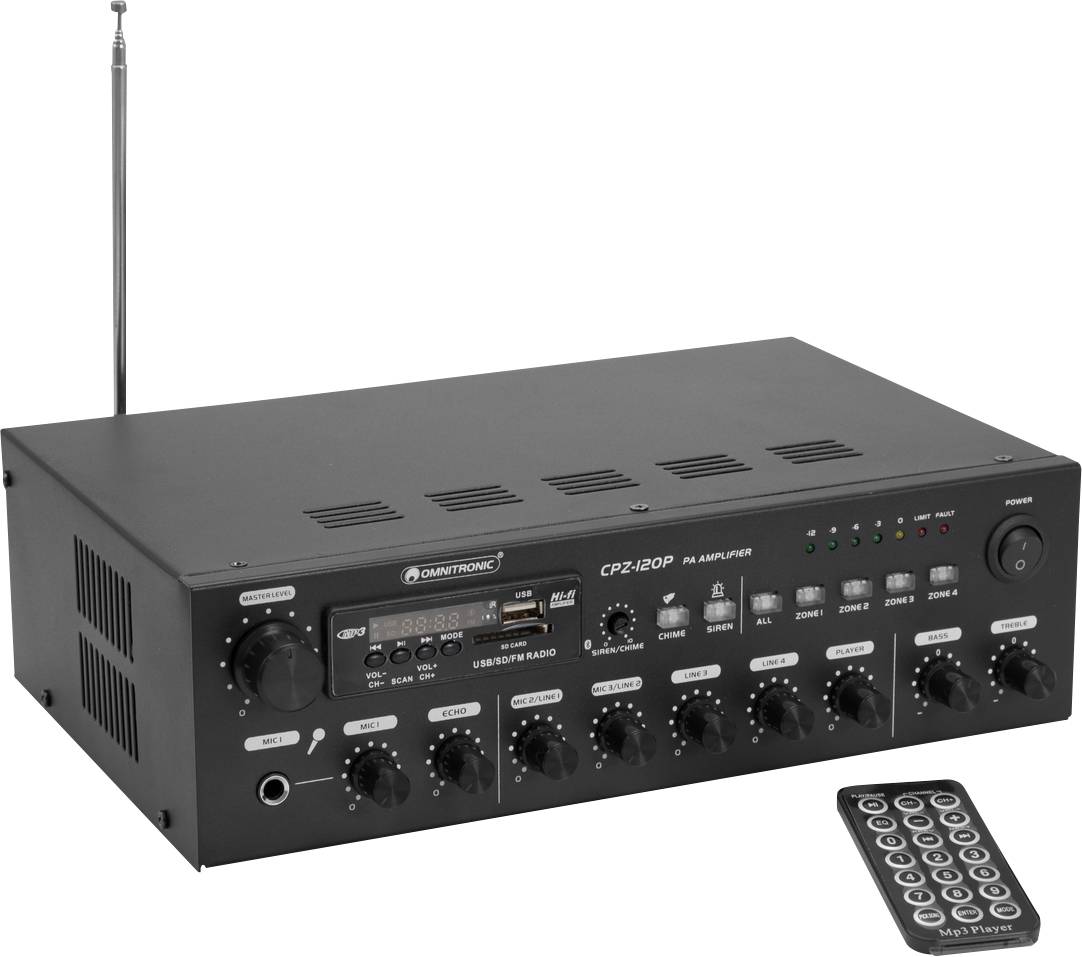 Un amplificateur audio noir avec plusieurs boutons et interrupteurs, à côté duquel se trouve une télécommande. Une antenne est présente à l'arrière de l'appareil.