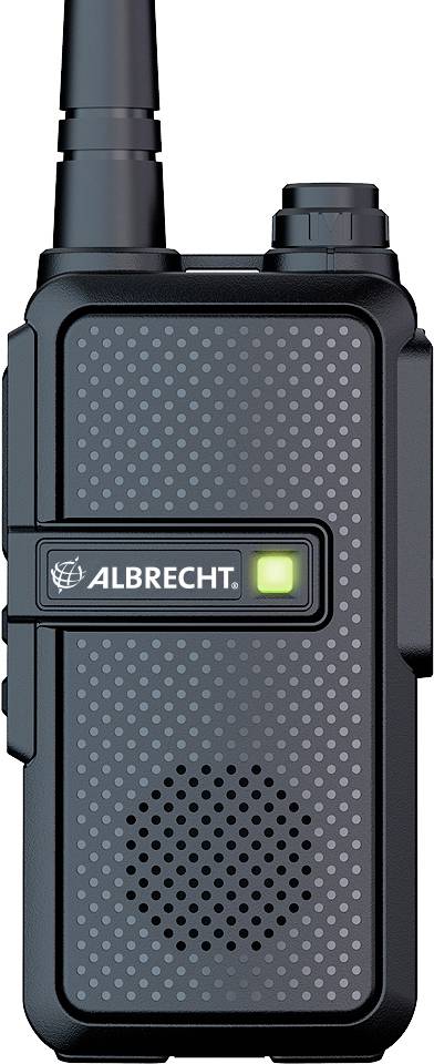 Un talkie-walkie portable portant l'inscription 'ALBRECHT' avec une lumière verte illuminée sur l'avant.