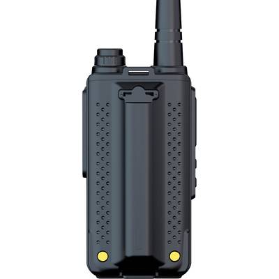 Talkie-walkie en gros plan, vu de dos. Boîtier noir avec des détails comme l'antenne et le clip de fixation visibles.