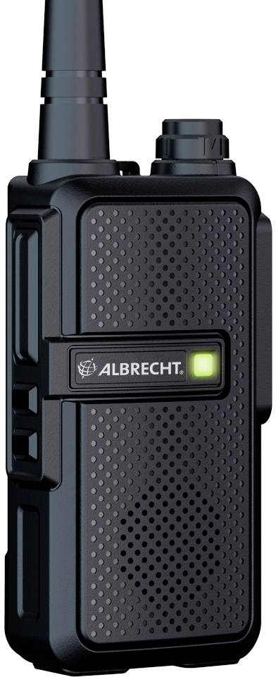 Appareil de radio noir à points avec antenne, indicateur vert éclairé et l'inscription 'ALBRECHT' au premier plan.
