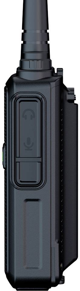 Appareil de communication avec antenne en vue latérale. Il montre les commandes et un symbole de haut-parleur sur une touche.
