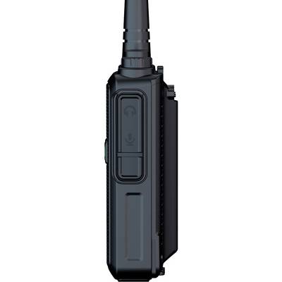 Appareil de communication avec antenne en vue latérale. Il montre les commandes et un symbole de haut-parleur sur une touche.