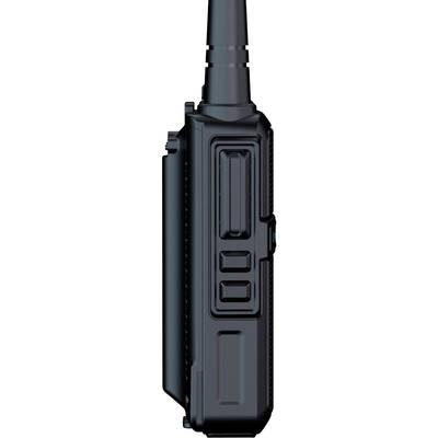 Un talkie-walkie noir avec plusieurs boutons sur le côté et une antenne en haut.