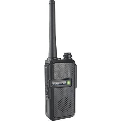 Un talkie-walkie noir de la marque Albrecht avec une longue antenne et un voyant lumineux vert.