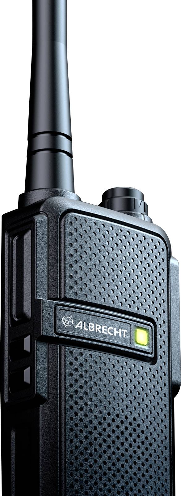 Un talkie-walkie noir de marque 'Albrecht' avec un bouton lumineux, vu légèrement de côté.