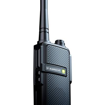 Un talkie-walkie noir de marque 'Albrecht' avec un bouton lumineux, vu légèrement de côté.