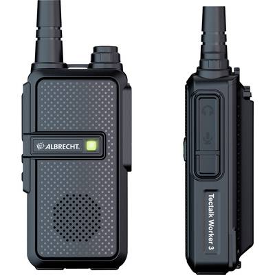 Deux vues d'un talkie-walkie noir d'Albrecht. Vue de gauche avec haut-parleur et indicateur LED vert. Vue de droite avec touches latérales.