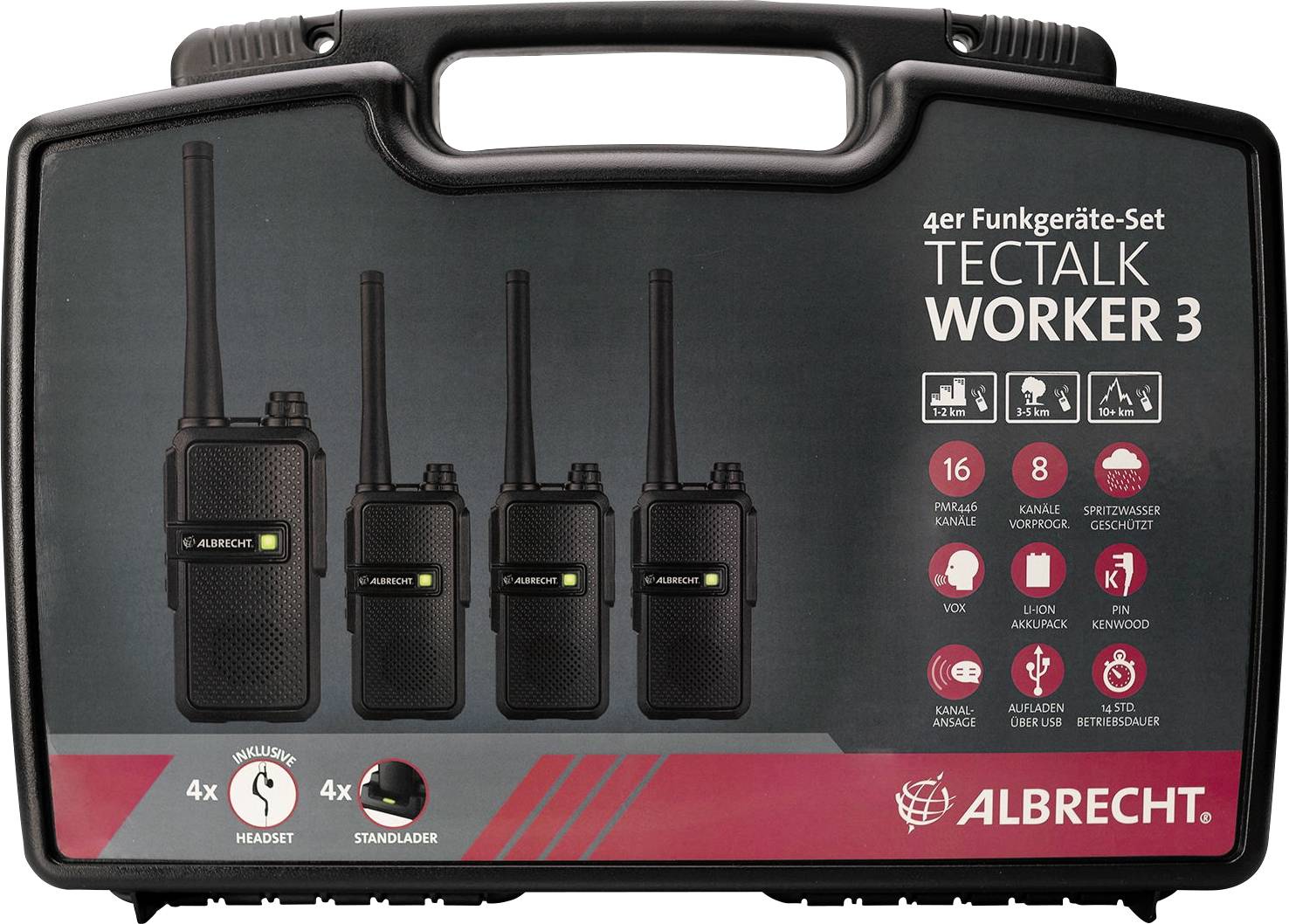Coffret de 4 radios portatives 'TECTALK WORKER 3' d'Albrecht. Comprend un casque-micro, chargeur standard. 16 canaux, portée de 9 km, protection contre les éclaboussures.