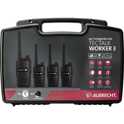 Coffret de 4 radios portatives 'TECTALK WORKER 3' d'Albrecht. Comprend un casque-micro, chargeur standard. 16 canaux, portée de 9 km, protection contre les éclaboussures.