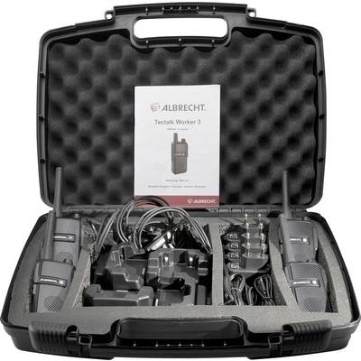 Valise contenant deux radios portatives, leurs chargeurs et accessoires, organisés dans des mousses de protection. Un manuel intitulé 'Tectalk Worker 3' est visible.