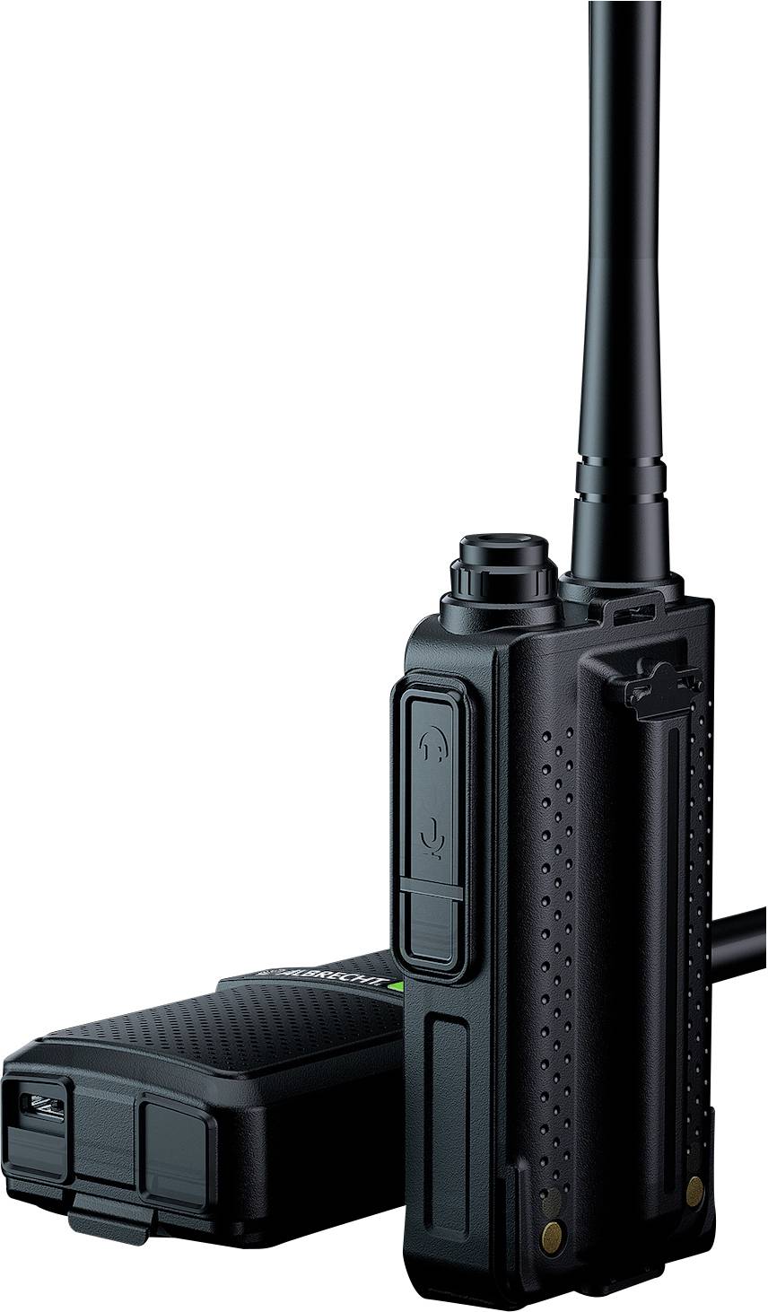 Un talkie-walkie noir avec une longue antenne, posé verticalement. À côté de lui se trouve un couvercle de compartiment à batterie ouvert.
