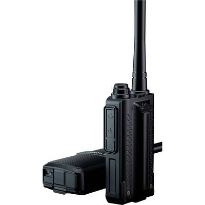 Un talkie-walkie noir avec une longue antenne, posé verticalement. À côté de lui se trouve un couvercle de compartiment à batterie ouvert.