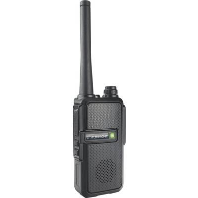 Un talkie-walkie noir avec une longue antenne et des touches sur le côté. Adapté pour la communication sur de courtes distances.