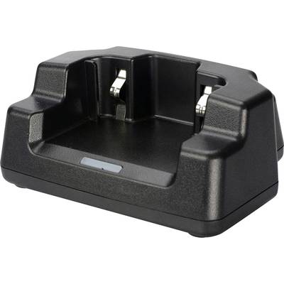 Un chargeur noir pour appareils mobiles avec deux contacts métalliques dans un renfoncement, adapté pour connecter simultanément plusieurs appareils.