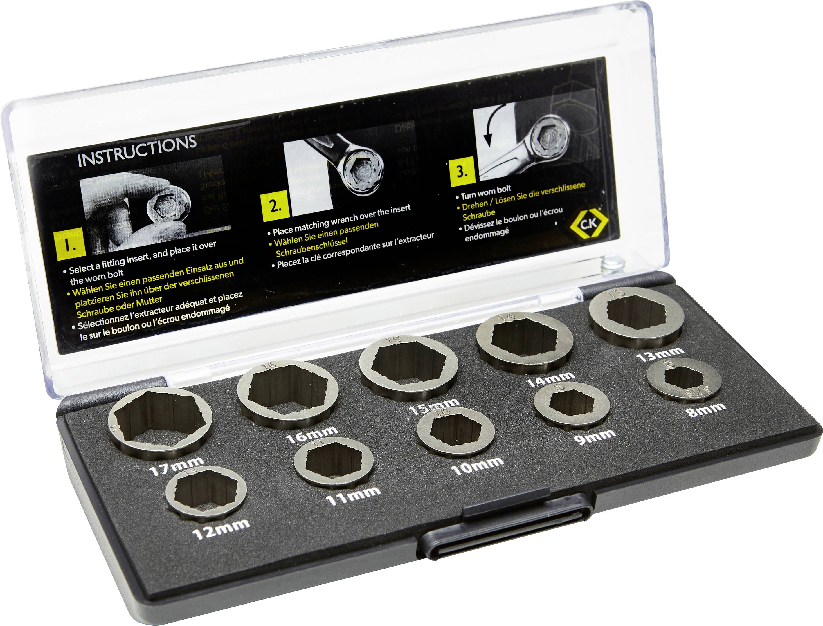 Coffret de douze écrous à embase dans un boîtier en plastique. Tailles : 8 mm à 19 mm. Instructions pour une utilisation correcte sur le couvercle.