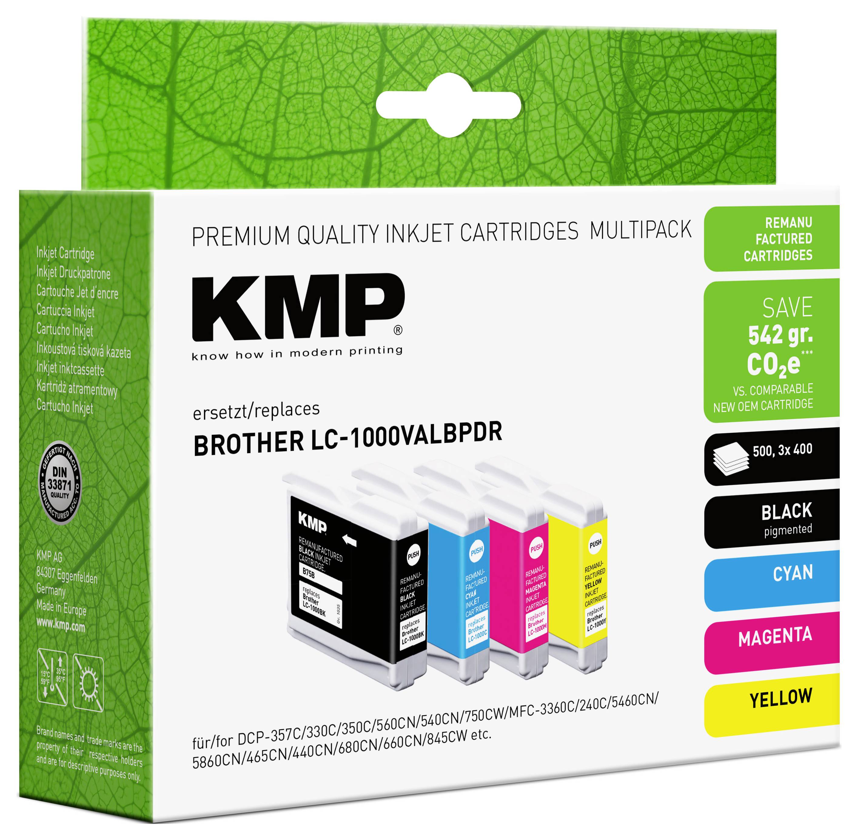 Boîte de cartouches à jet d'encre de qualité premium KMP, remplacement pour Brother LC-1000VALBPDR, avec cartouches noire, cyan, magenta et jaune présentées.