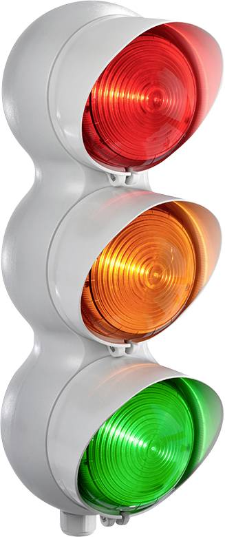 Un feu de signalisation affiche le rouge, le jaune et le vert en disposition verticale, signalant la régulation du trafic.