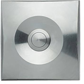 Bouton métallique dans un cadre carré, ressemblant à un bouton d'ouverture de porte ou un interrupteur, de couleur argentée, au design épuré.