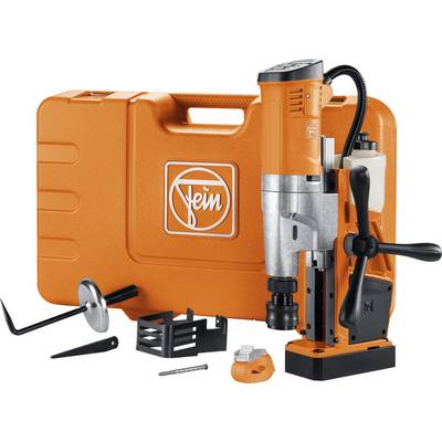 Machine de forage magnétique portable avec mallette et accessoires de Fein en orange. Idéale pour le perçage précis des métaux.