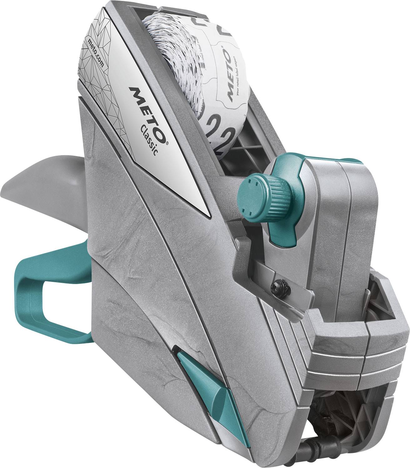 Marqueur à main avec poignée verte et rouleau pour étiquettes de prix.