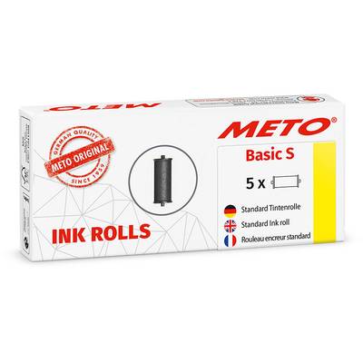 Emballage d'un rouleau d'encre, marque 'Meto', modèle 'Basic S', avec étiquetage en allemand et en anglais. Contient 5 rouleaux d'encre.