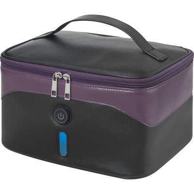 Boîte de désinfection noire et violette avec poignée et fermeture éclair, dotée d'une fenêtre transparente bleue à l'avant et d'un bouton marche/arrêt.