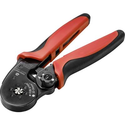 Pince à sertir avec poignée rouge et noire, adaptée à la connexion de câbles et de fils électriques.