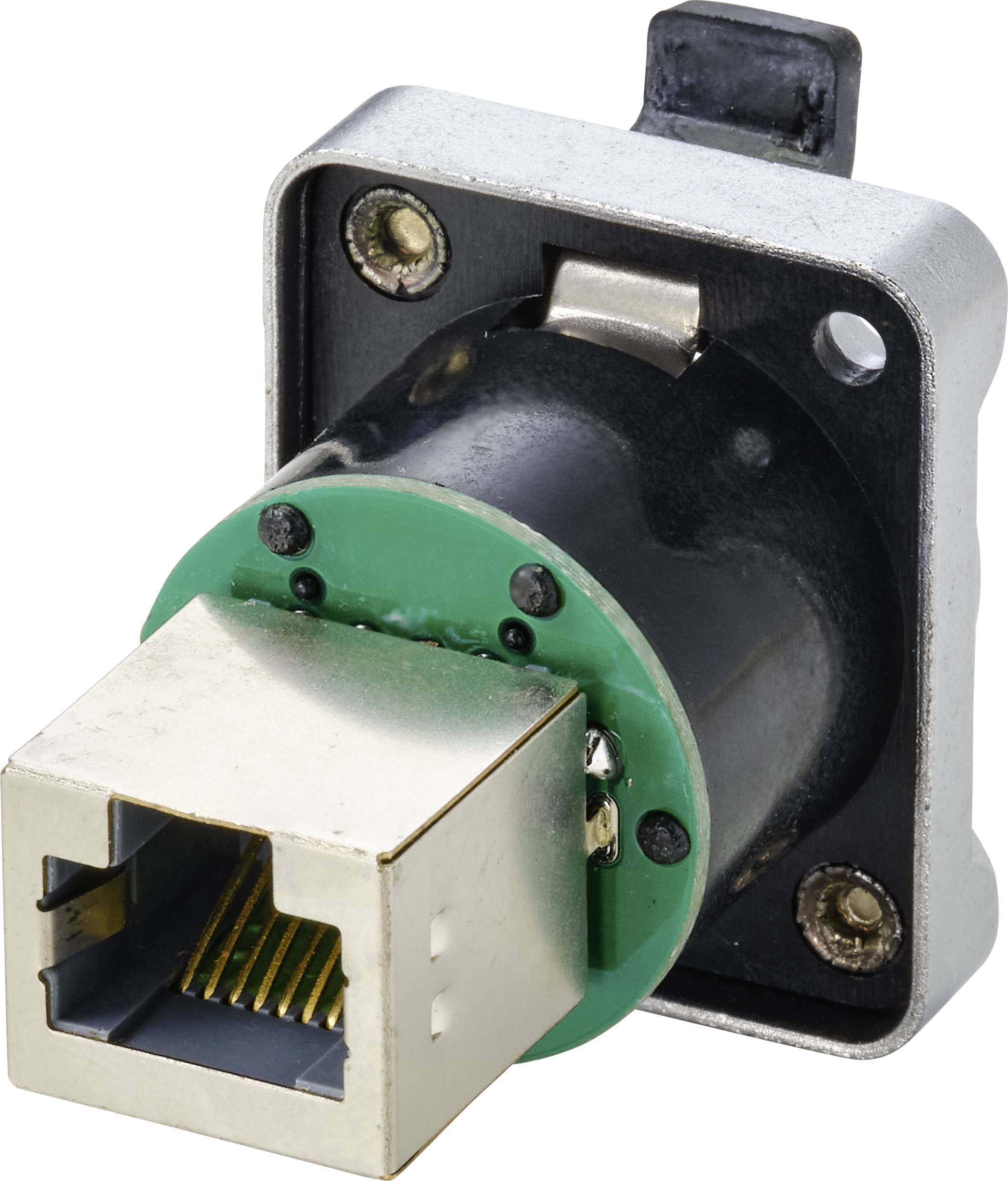 Une prise réseau RJ45, montable, avec support de circuit imprimé vert et trois vis visibles pour la fixation.