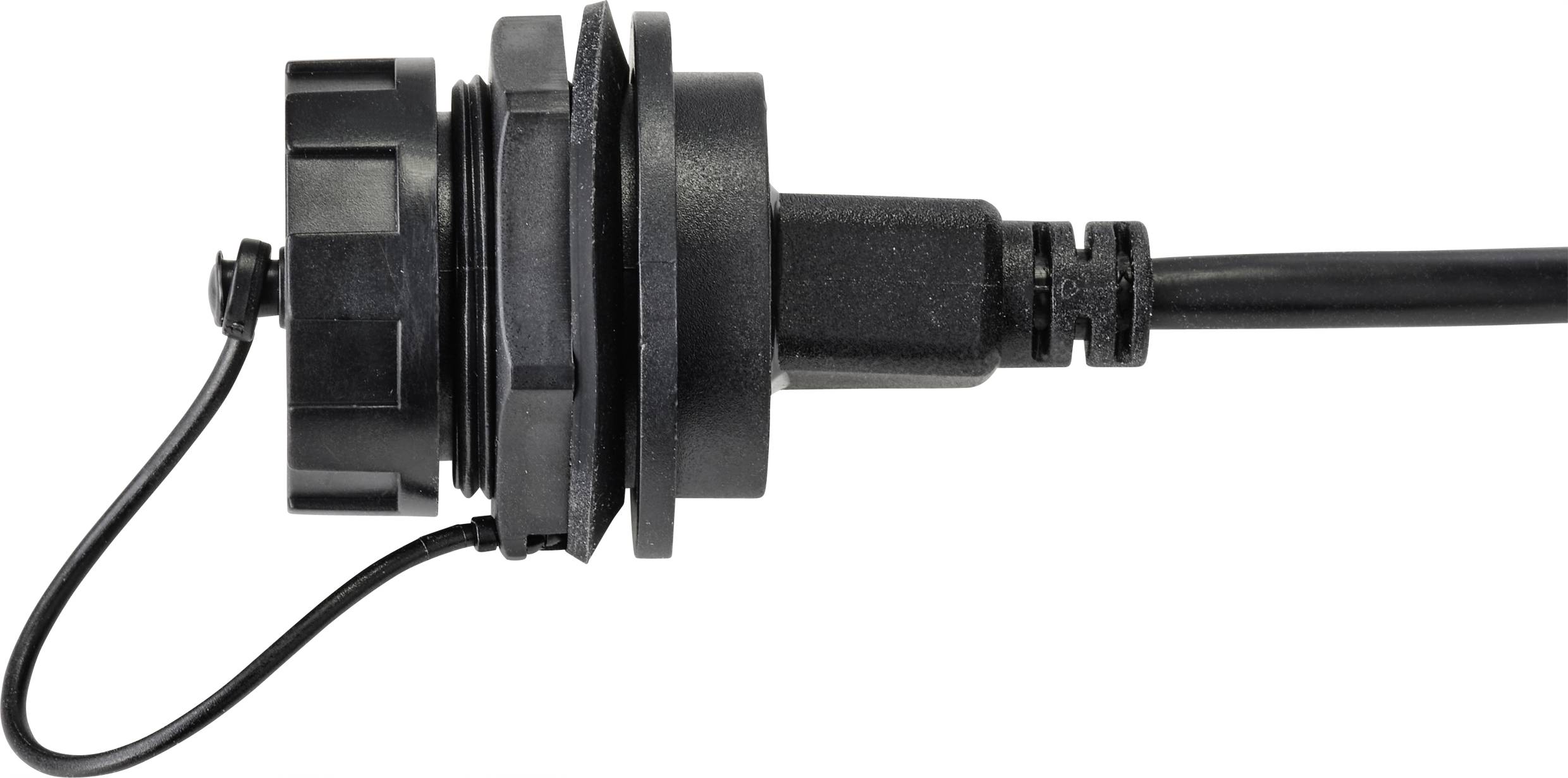 Fiche de câble noir avec capuchon de fermeture, vue latérale. La fiche est conçue de manière robuste et sécurisée par un capuchon rond.
