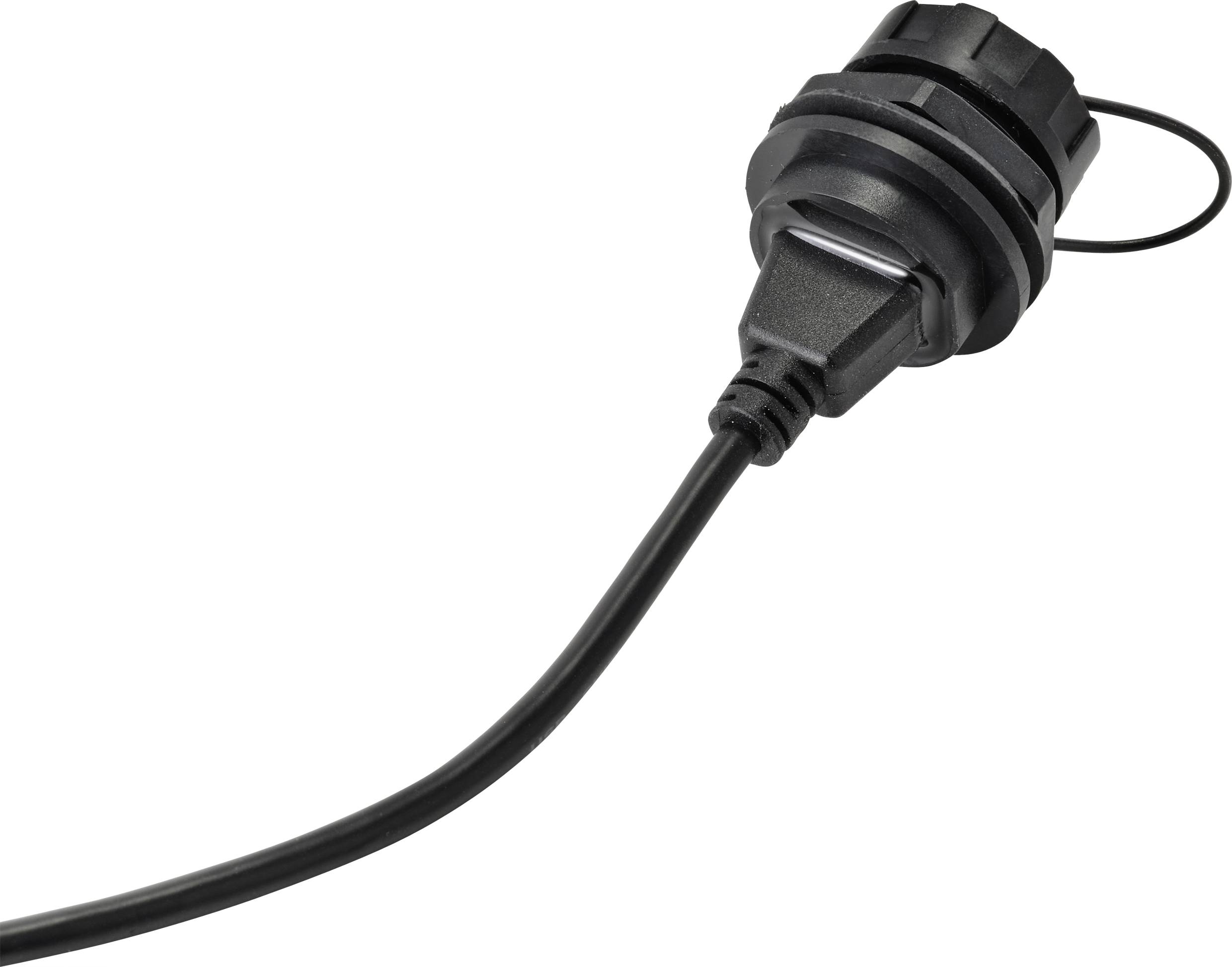 Câble USB noir avec embout de connexion rond, adapté pour un montage à travers un boîtier ou un panneau, utilisé pour des connexions robustes.