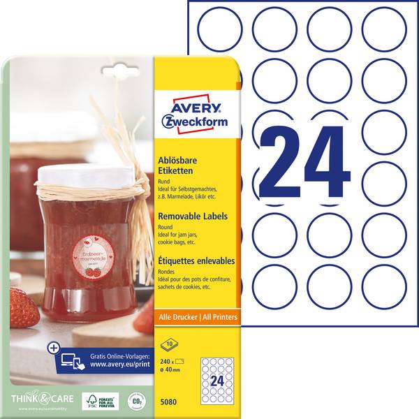 Avery-Zweckform 5080 Etiquette universelles Ø 40 mm papier blanc 1 set décollable imprimante à jet d'encre, imprimante laser, imprimante laser couleur