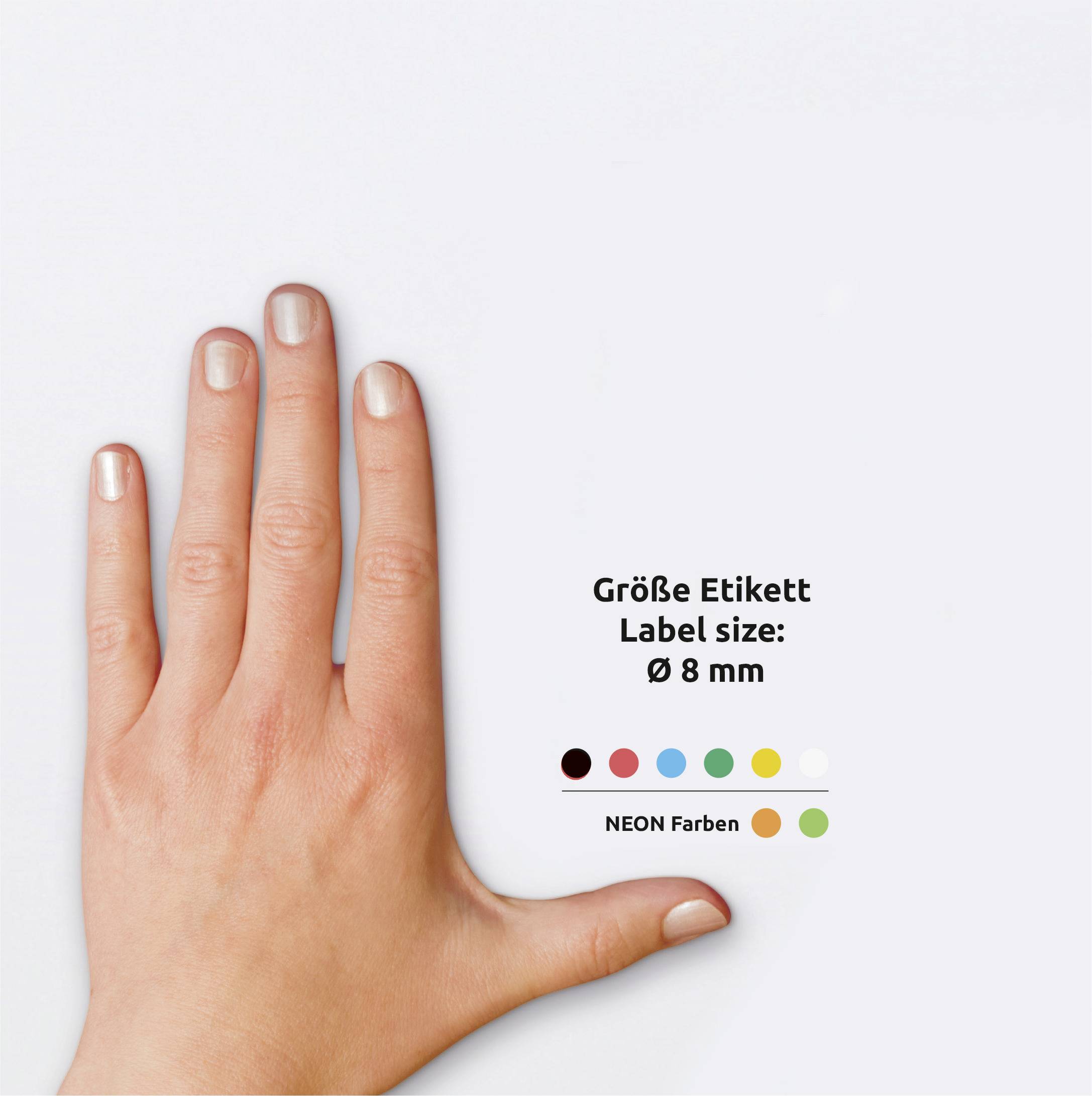 'Main aux ongles vernis à côté d'une indication de taille d'étiquette : Ø 8 mm. En dessous, des points colorés représentent des couleurs néon.'