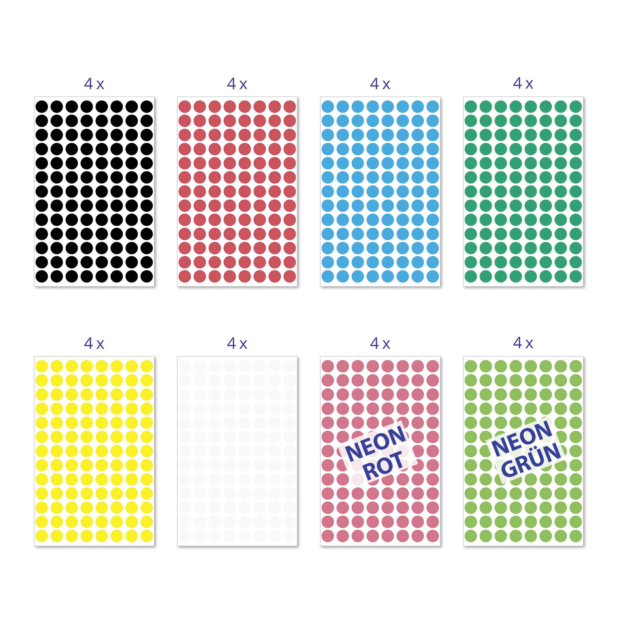 Huit autocollants ronds de différentes couleurs : noir, rouge, bleu, vert, jaune, blanc, rose avec 'NÉON ROUGE', et vert avec 'NÉON VERT'.