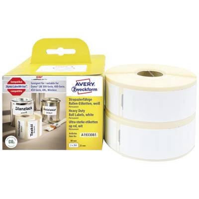 Emballage avec ruban d'étiquettes blanc, 2 rouleaux. Texte 'Étiquettes de rouleaux résistantes' et 'Compatible avec Dymo'. Impression sur boîtes.