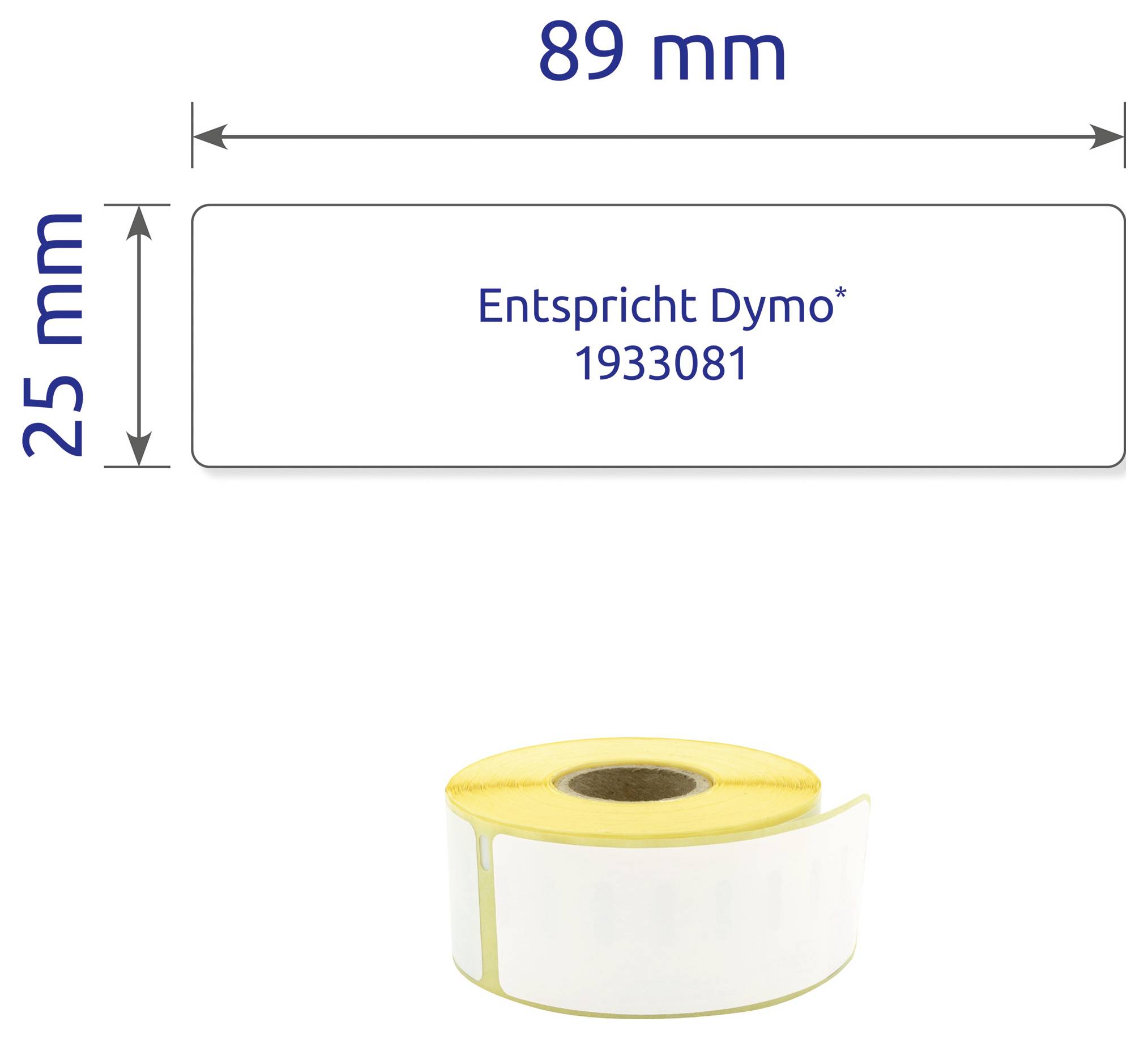 Rouleau d'étiquettes avec dimensions : 89 mm de largeur et 25 mm de hauteur ; Remarque : correspond à Dymo 1933081.