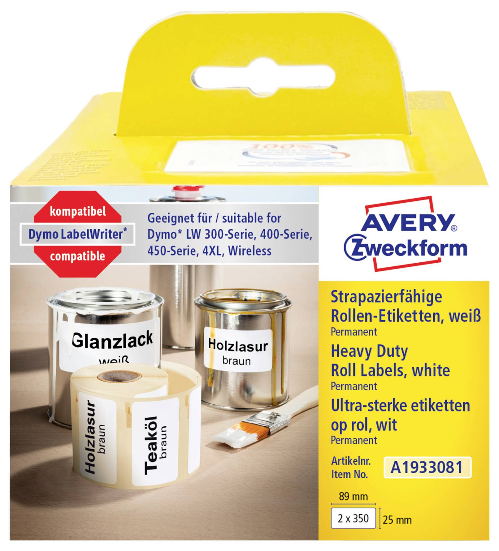 Paquet d'étiquettes adhésives blanches renforcées Avery Zweckform en rouleau, compatibles avec Dymo LabelWriter, pour étiquettes de 2 x 35 mm et rouleaux de 89 mm.