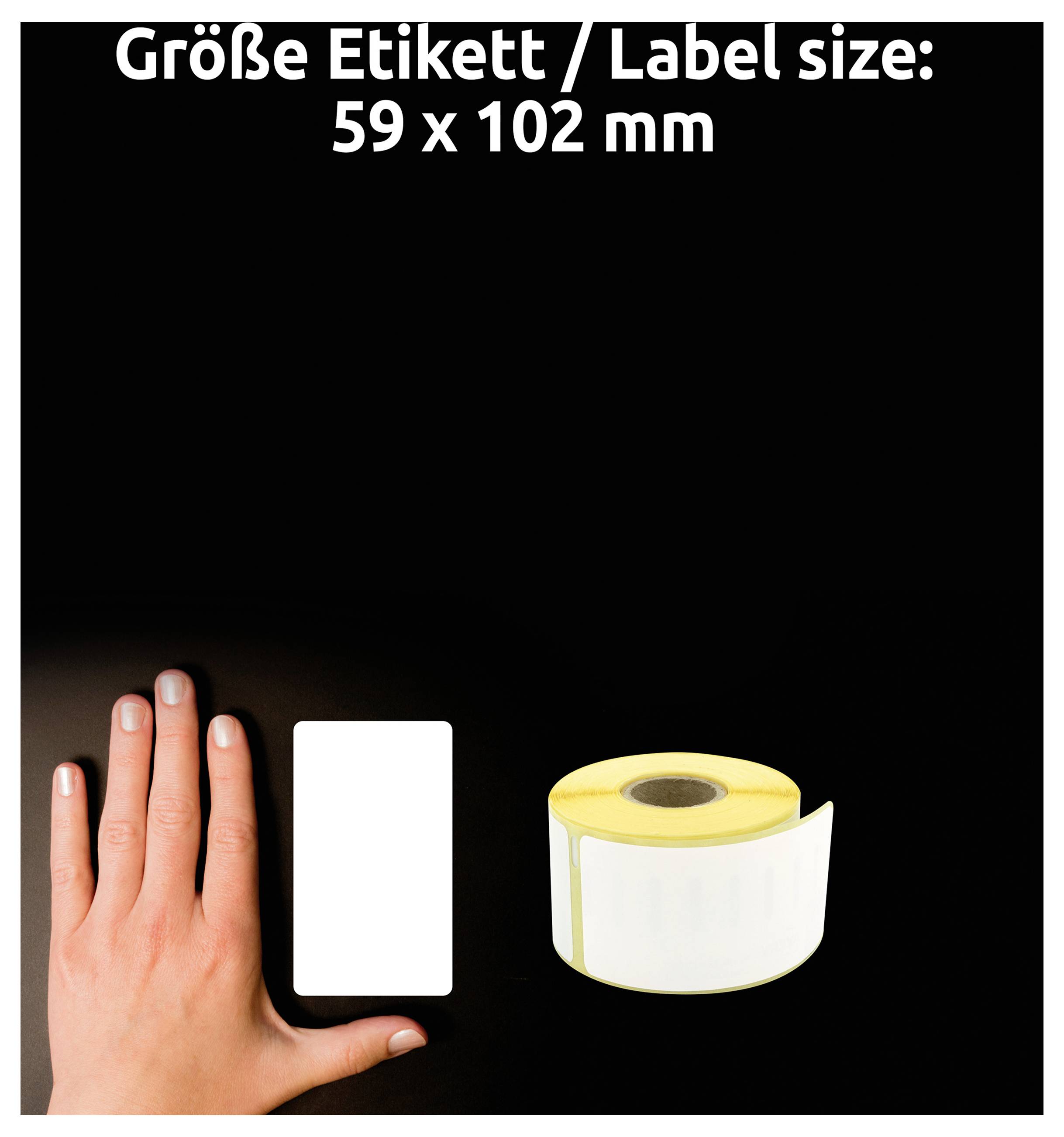 Main à côté d'une étiquette vide et d'un rouleau d'étiquettes ; texte en haut : « Taille étiquette / Taille d'étiquette : 59 x 102 mm ».